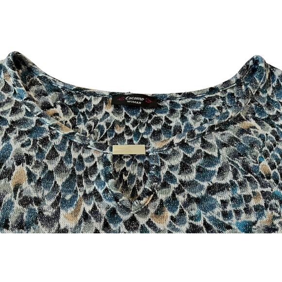 COCOMO WOMAN LONG ROLL TAB SLEEVE V-NECK TUNIC TOP, WOMENS, 3X, BLUE BLACK TAN - Picture 2 of 10